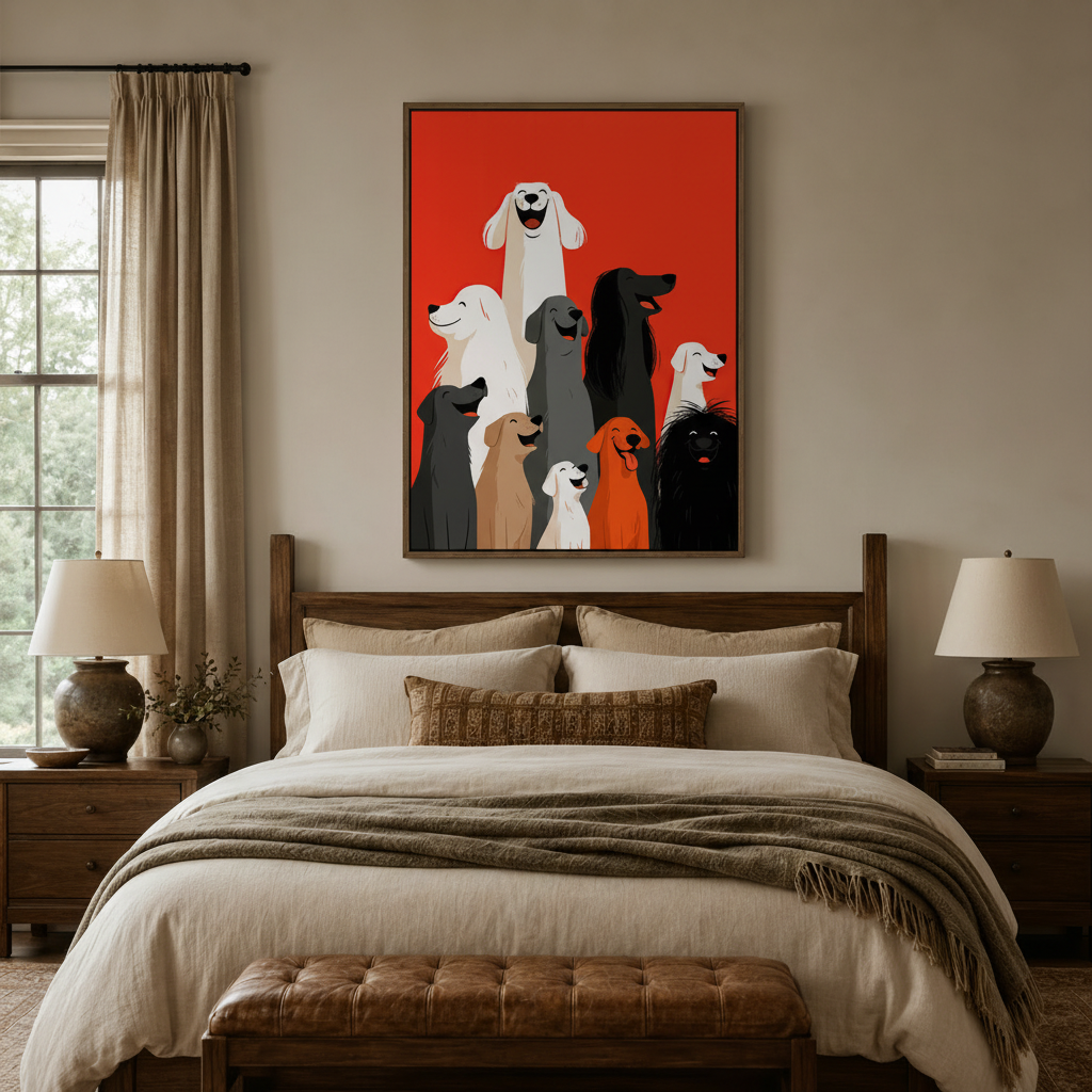 Happy dogs flat illustration canvas wall art displayed above a walnut bed headboard in a cozy neutral bedroom