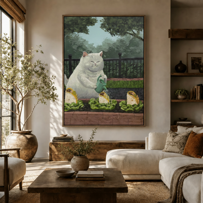 Whimsical cat watering tacos canvas in walnut frame, displayed in a warm neutral living room with white sofa