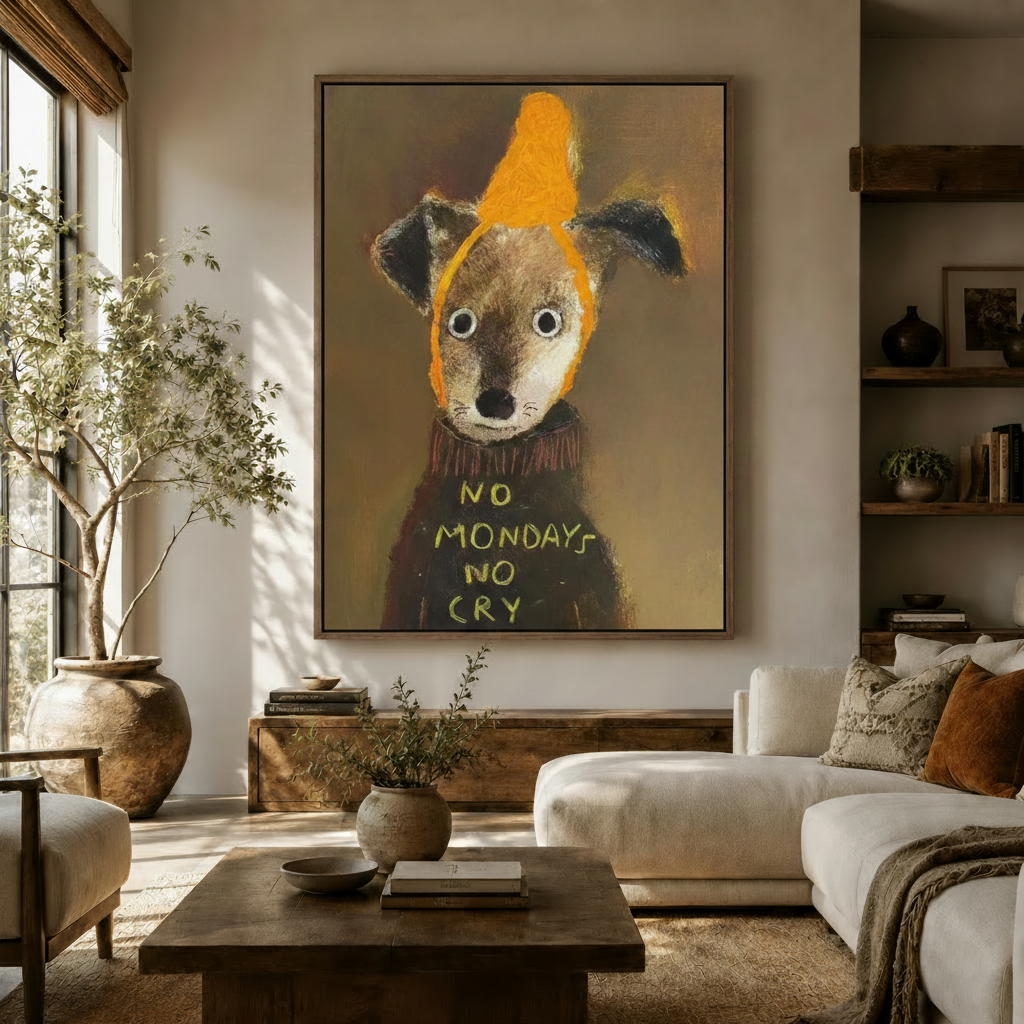 No Mondays No Cry folk art dog canvas print displayed in a warm Japandi living room above a wooden sideboard