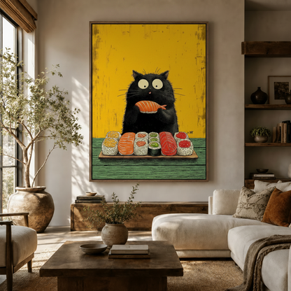 Whimsical black cat sushi canvas wall art displayed in cozy living room above white sofa