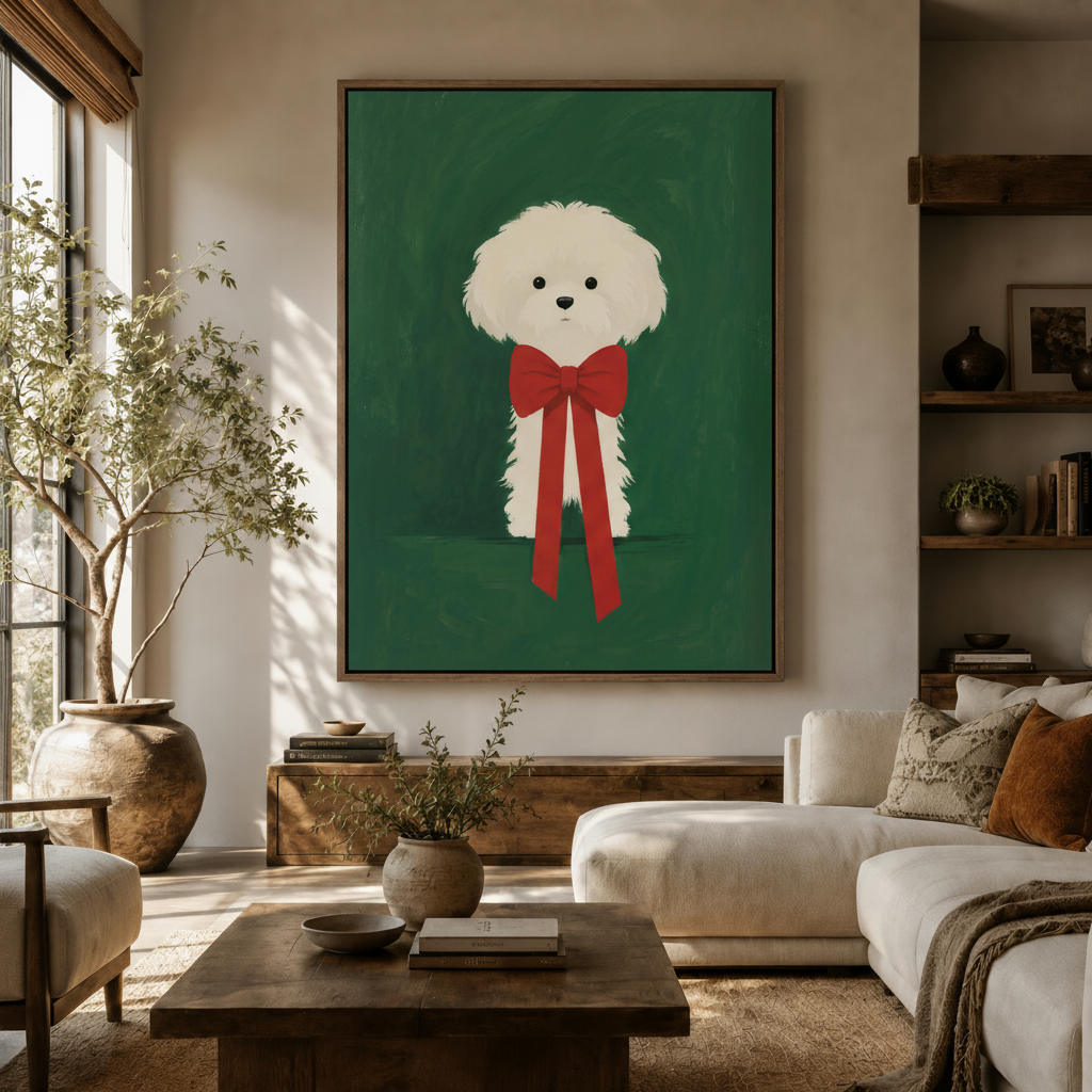 Fluffy white dog portrait with red bow canvas displayed in a warm modern living room