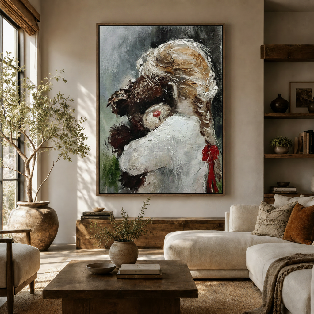 Impasto girl hugging dog canvas wall art displayed above sofa in a warm neutral boho living room
