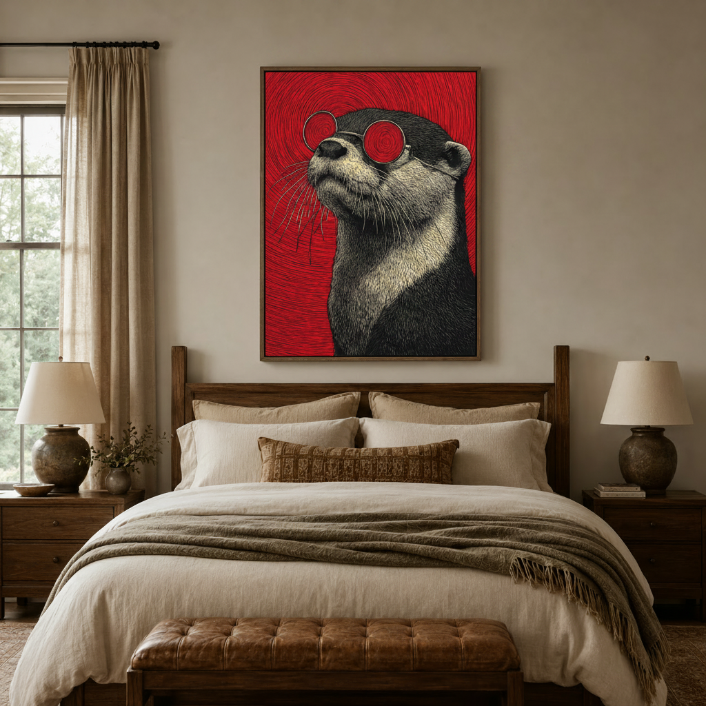 Woodcut otter canvas wall art with red sunglasses displayed above bedroom headboard