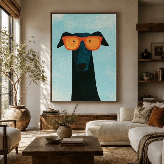 Graphic greyhound in orange sunglasses folk art canvas displayed in a warm living room above a walnut sideboard