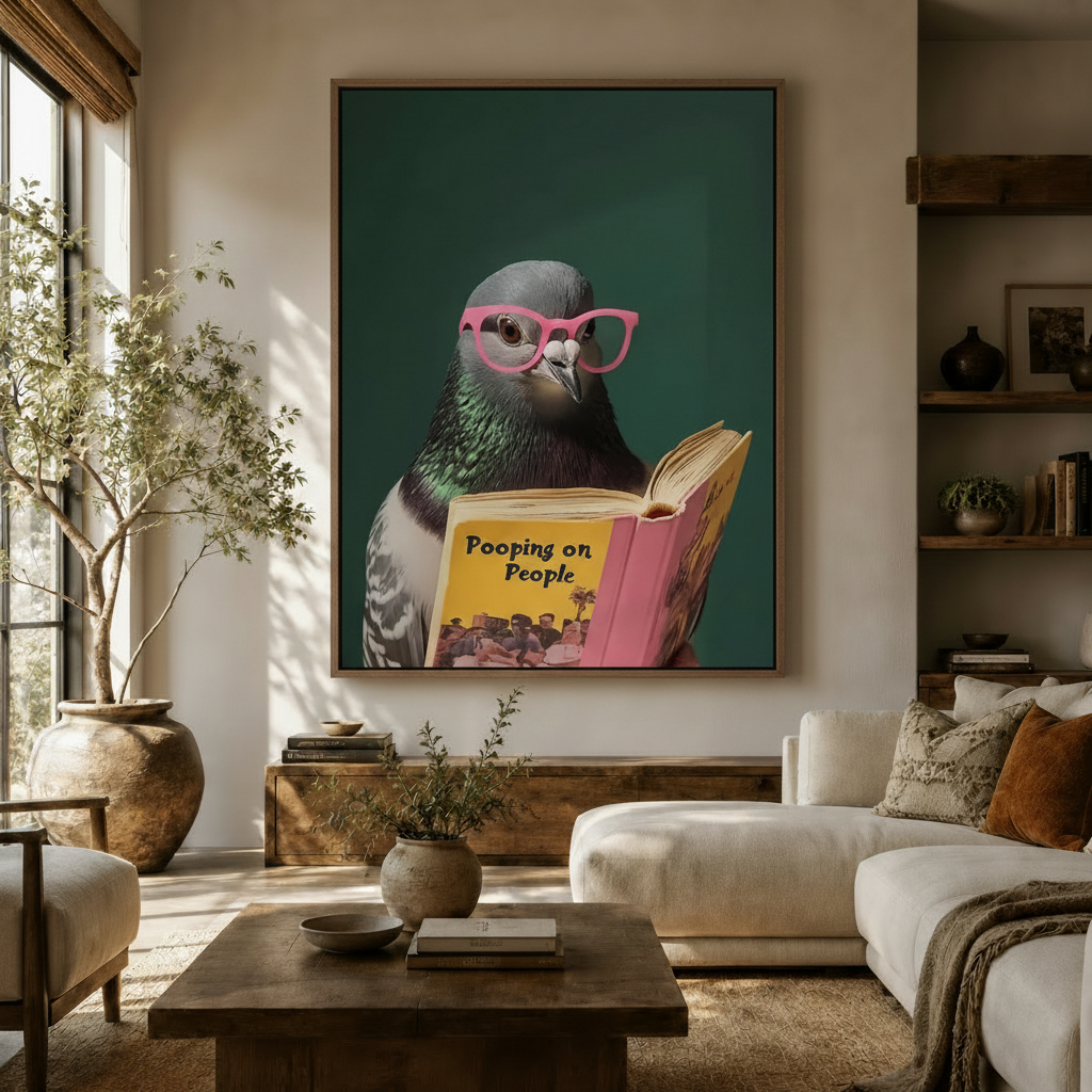 Funny pigeon reading book canvas wall art displayed above sofa in a cozy boho living room with warm neutral tones