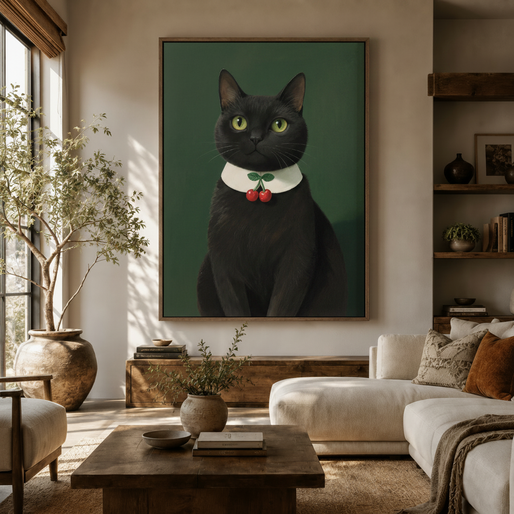 Black cat portrait canvas wall art displayed in a cozy living room above a wooden sideboard