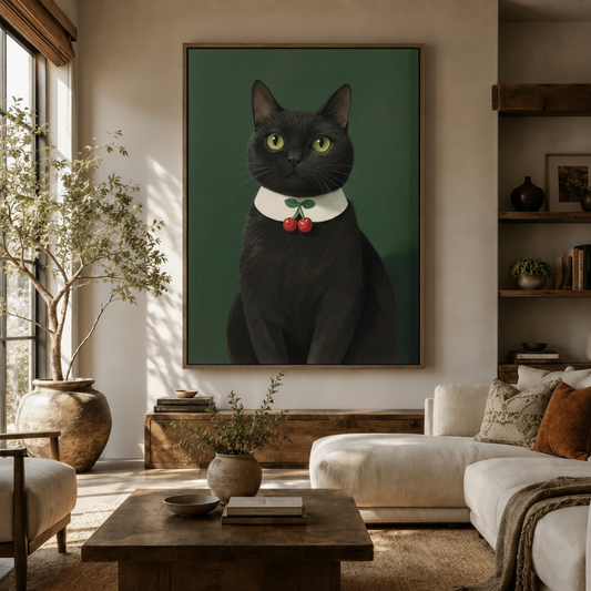 Black cat portrait canvas wall art displayed in a cozy living room above a wooden sideboard