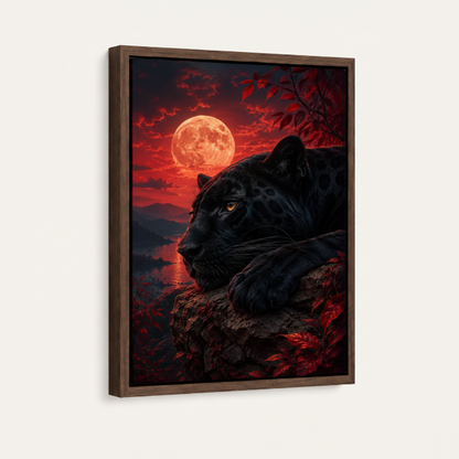 Black panther blood moon framed canvas wall art – dramatic oil painting with black panther on rocks under blazing red moon by Aurewall