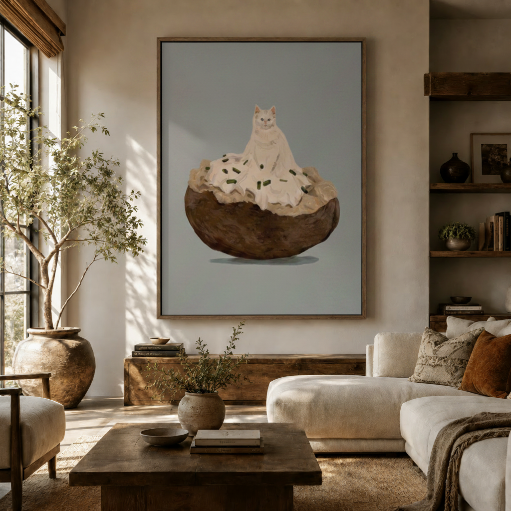 Funny white cat sitting on a baked potato canvas art displayed in a cozy living room above a wooden sideboard