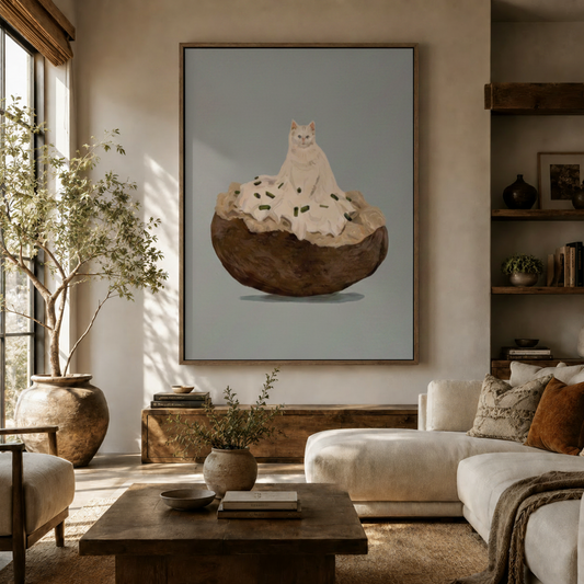 Funny white cat sitting on a baked potato canvas art displayed in a cozy living room above a wooden sideboard