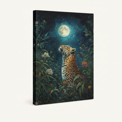 Leopard gazing at moon stretched canvas print – moody wildlife jungle oil painting, unframed wall decor by Aurewall