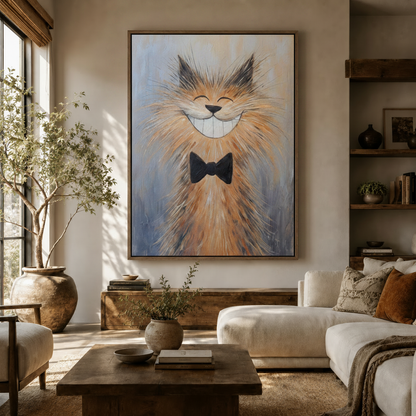 Smiling cat bow tie impasto canvas wall art in warm living room with olive tree and walnut sideboard