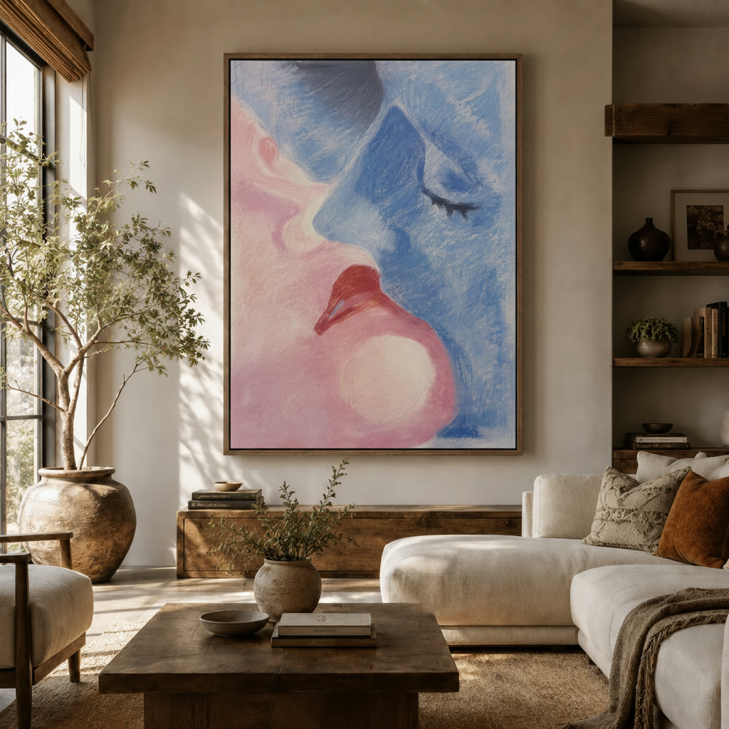  Abstract romantic couple canvas print in float frame above wooden sideboard in warm neutral living room