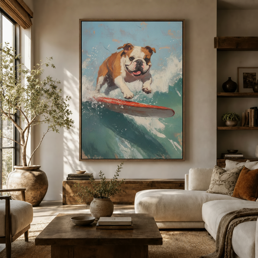 Surfing bulldog canvas wall art displayed in a warm neutral living room above a dark wood console