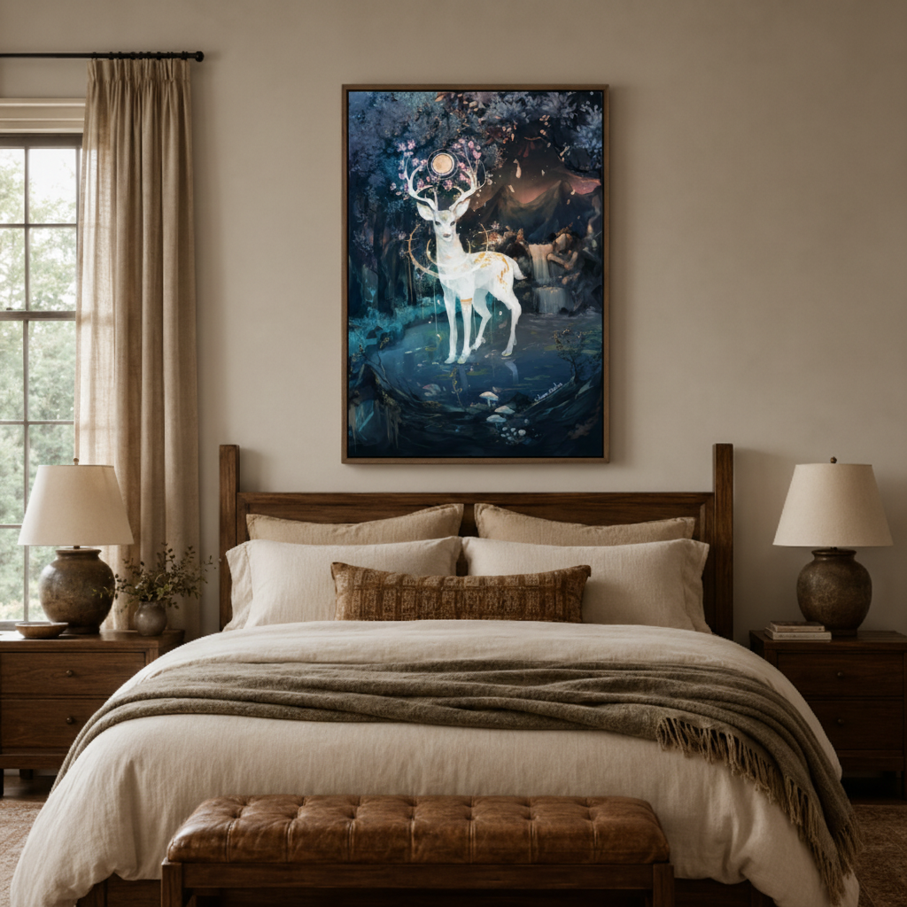 Glowing white stag fantasy canvas print in bedroom – dark enchanted forest illustration with golden halo above bed by Aurewall
