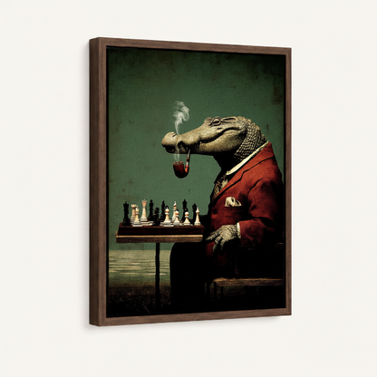 Dapper crocodile chess framed canvas wall art – humorous oil painting with suited crocodile smoking cigar at chess board on dark green background by Aurewall