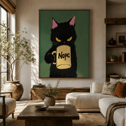Grumpy black cat Nope mug canvas wall art displayed in a warm modern living room