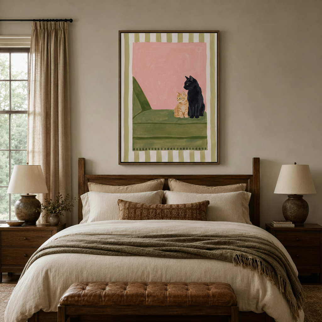 Two cats on green sofa boho canvas print displayed above wooden bed headboard in warm bedroom