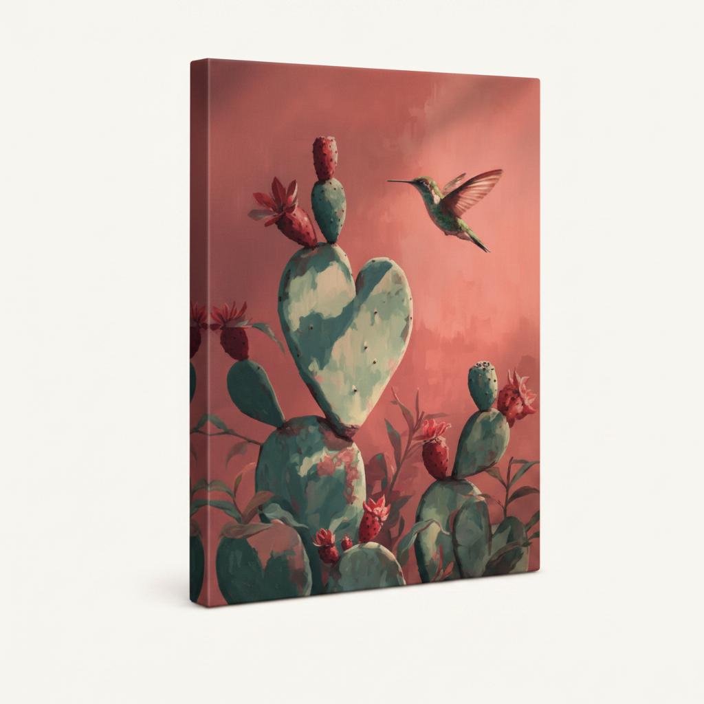 Southwest cactus hummingbird stretched canvas print – unframed botanical oil painting with tall cactus and hovering hummingbird on warm pink-gold sky by Aurewall