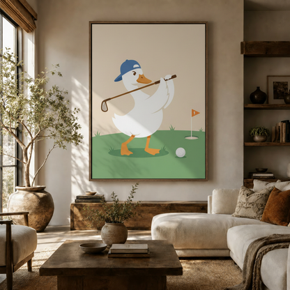 Funny golf duck flat illustration canvas wall art displayed above sofa in a warm neutral boho living room