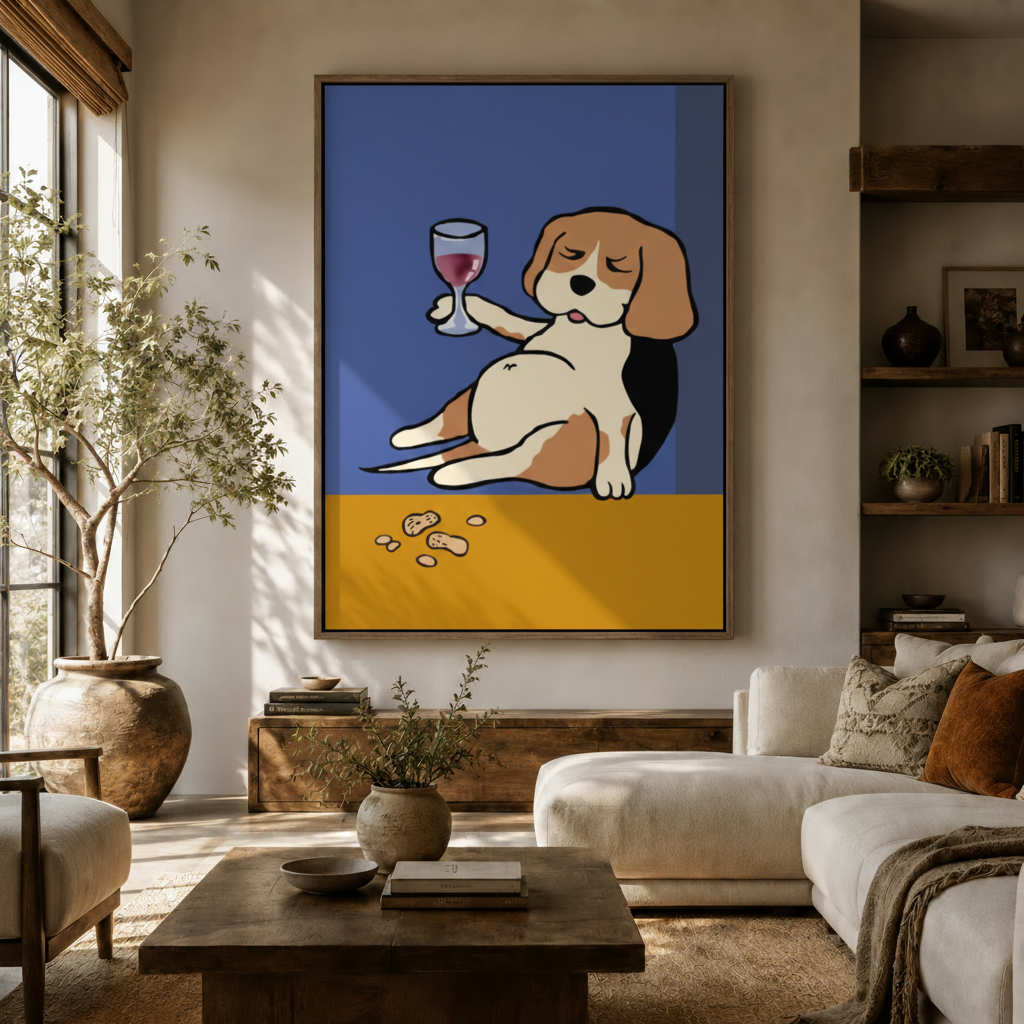 Funny beagle wine pop art canvas displayed in a warm modern living room above a wooden console