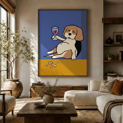 Funny beagle wine pop art canvas displayed in a warm modern living room above a wooden console