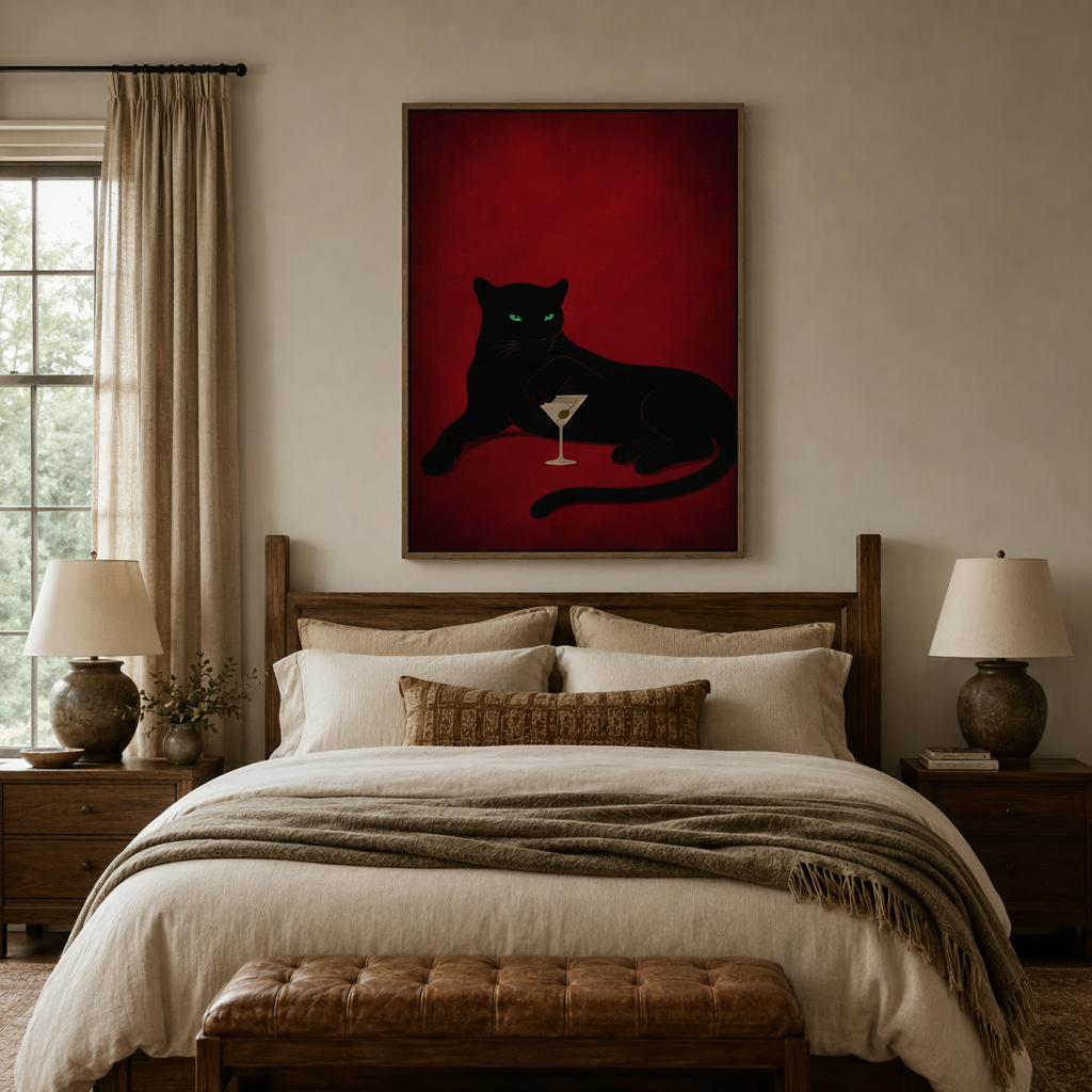 Black panther martini framed art print displayed above bed headboard in cozy neutral bedroom setting