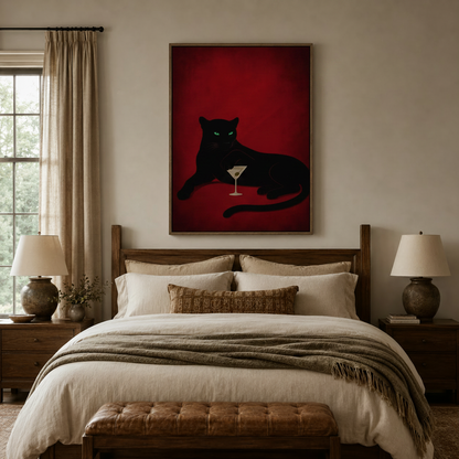 Black panther martini framed art print displayed above bed headboard in cozy neutral bedroom setting
