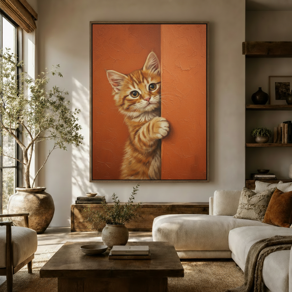 Peeking ginger kitten canvas wall art above console in a warm neutral living room – vintage oil painting by Aurewall