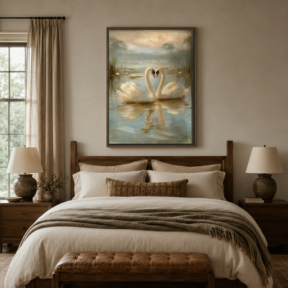 Swan lake romantic oil painting canvas wall art displayed above bedroom headboard