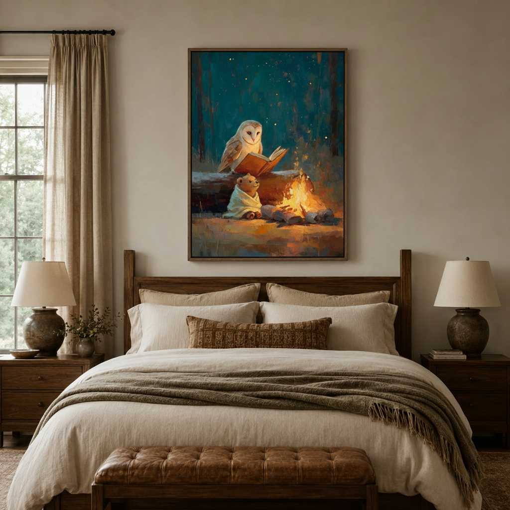 Owl and bear campfire oil painting canvas print displayed above wooden bed headboard in cozy bedroom