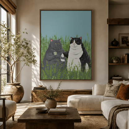 Whimsical two cats fern field canvas wall art displayed in warm neutral living room above walnut credenza