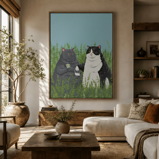 Whimsical two cats fern field canvas wall art displayed in warm neutral living room above walnut credenza