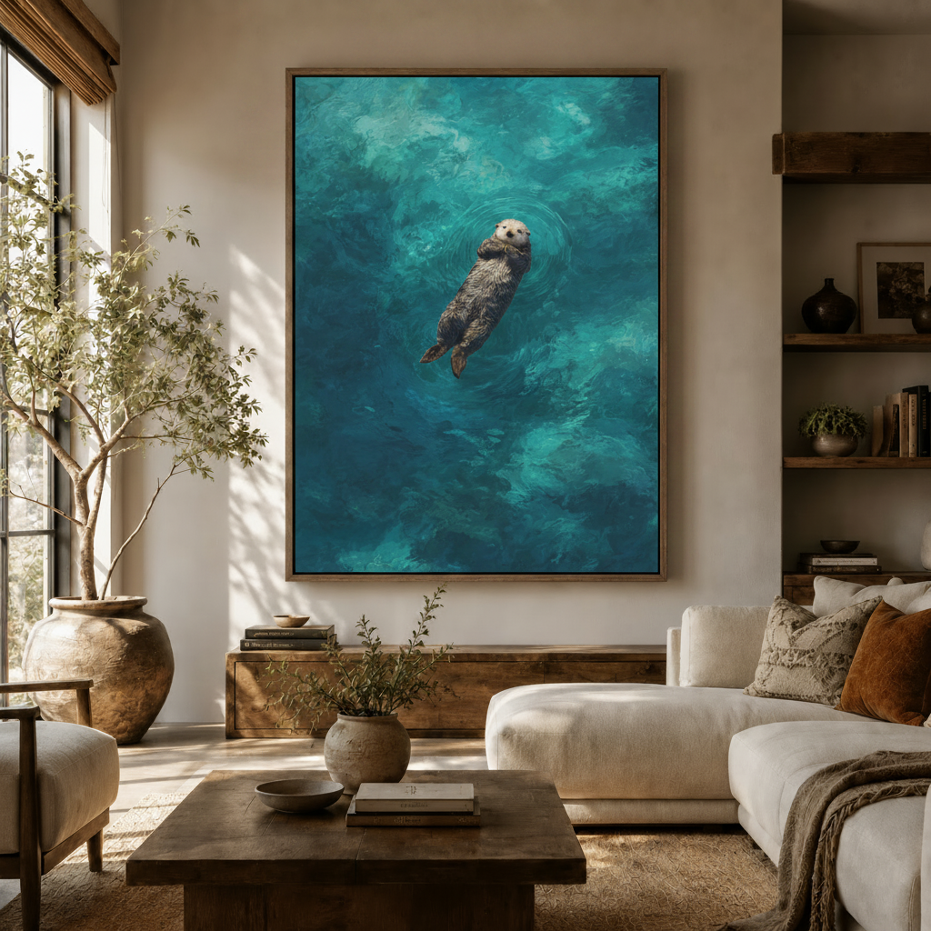Sea otter oil painting canvas print displayed above sideboard in a warm modern living room