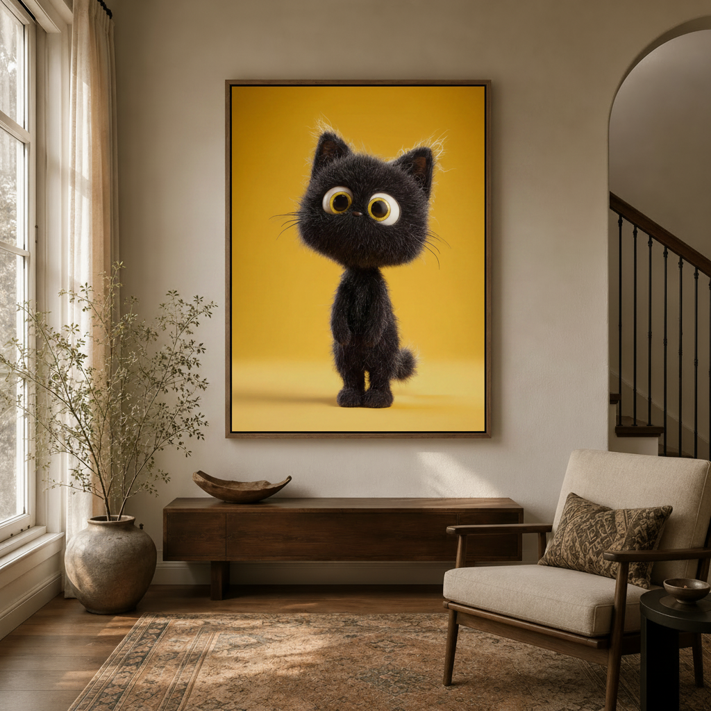 Cute black kitten 3D canvas print in dark float frame above entryway console table