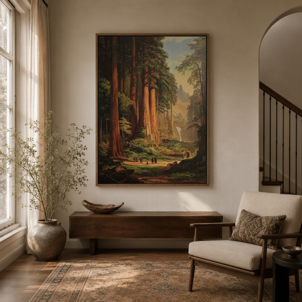 Redwood forest nature canvas wall art in entryway – classic American wilderness oil painting as grand hallway statement piece by Aurewall