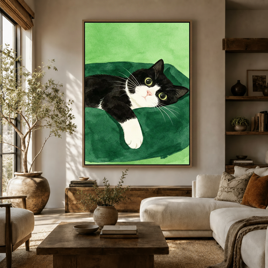 Tuxedo cat watercolor canvas print displayed in warm neutral living room above console table
