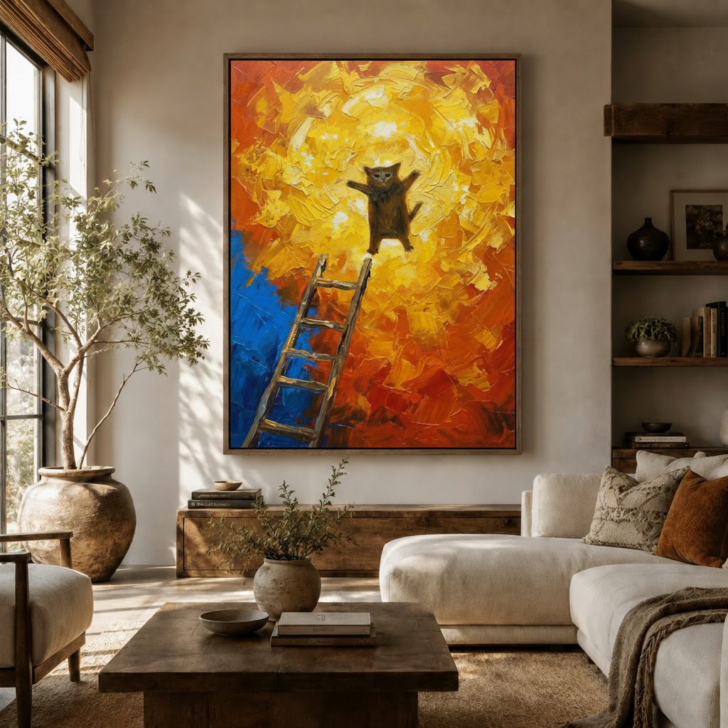 Inspirational cat ladder golden light impasto canvas wall art above sideboard in warm living room