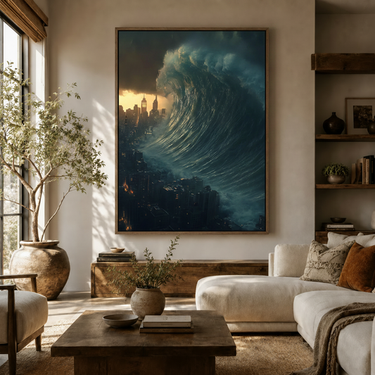 Apocalyptic tsunami wave canvas wall art displayed in cozy living room above white sofa