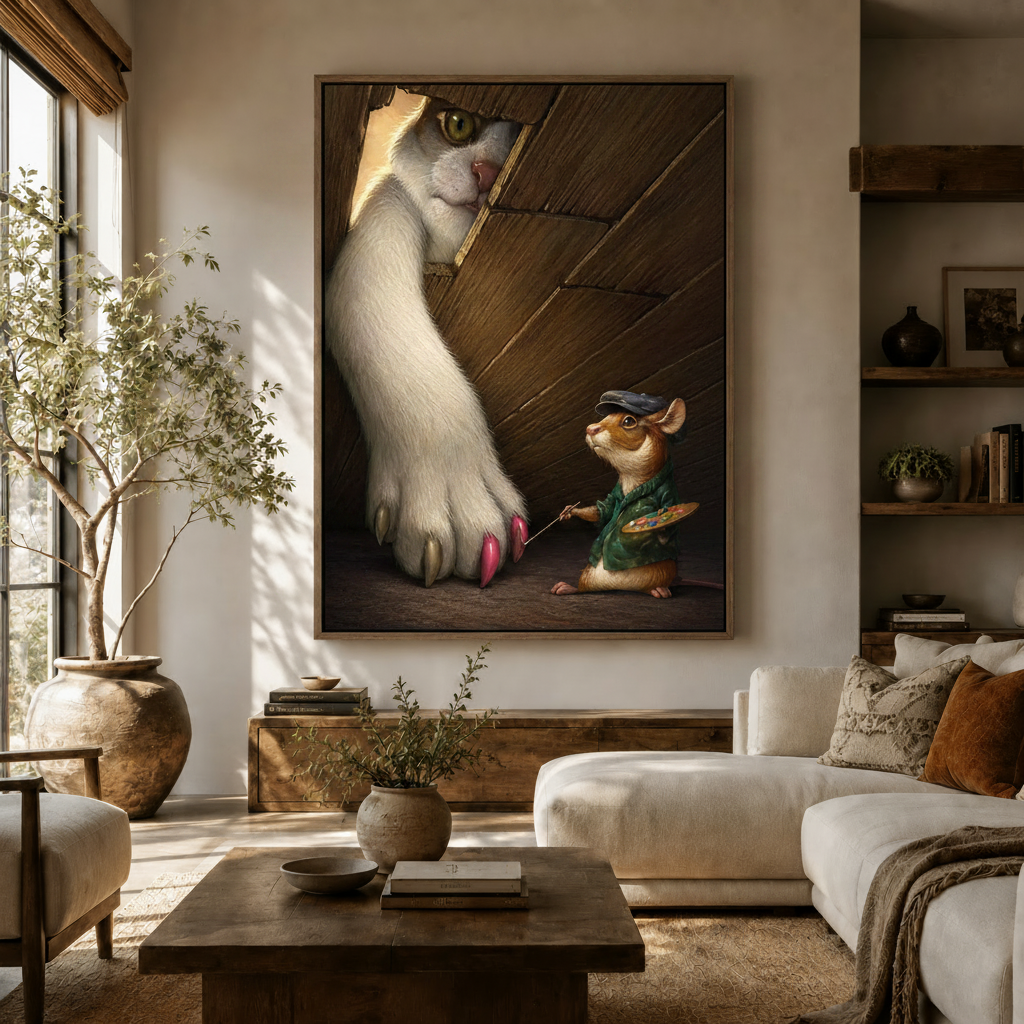 Whimsical mouse artist cat paw canvas wall art displayed in cozy living room above white sofa