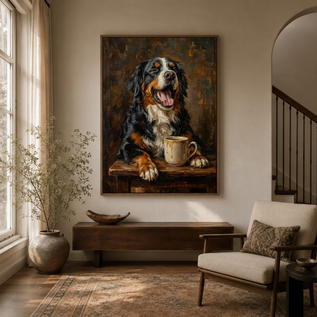 Bernese Mountain Dog coffee canvas wall art in entryway – funny expressive dog painting as welcoming hallway statement piece by Aurewall