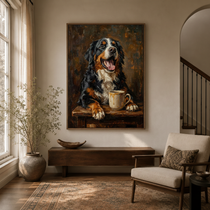 Bernese Mountain Dog coffee canvas wall art in entryway – funny expressive dog painting as welcoming hallway statement piece by Aurewall