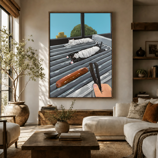 Funny cat canvas wall art displayed in a bright living room above white linen sofa