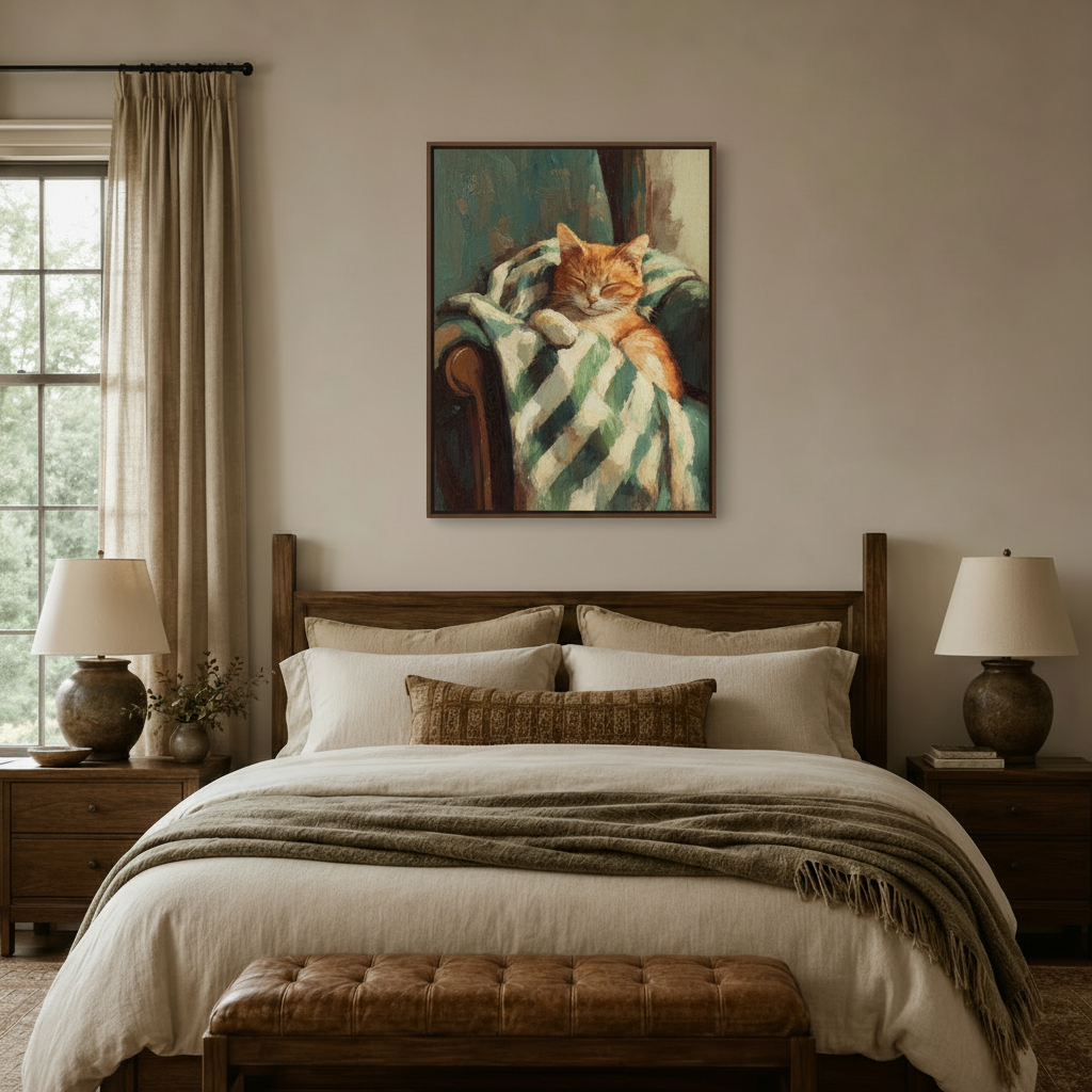 Framed sleeping cat oil painting canvas wall art displayed above a cozy farmhouse bedroom