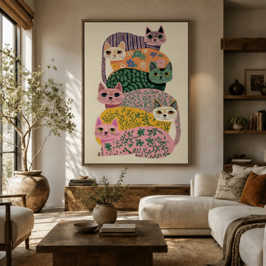  Folk art stacked cats canvas print displayed above wooden sideboard in warm neutral living room