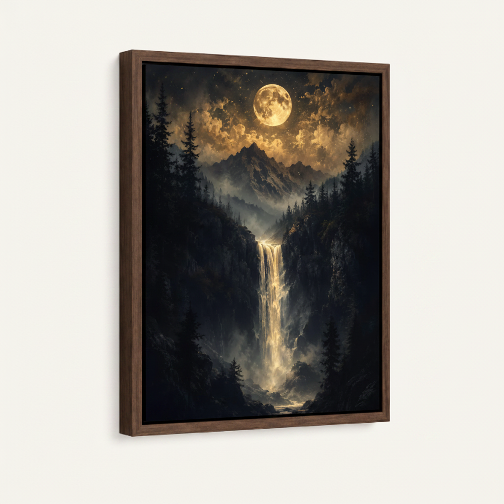 Moonlit forest waterfall framed canvas wall art – dark fantasy oil painting with deer standing beside silver waterfall under full moon in deep blue forest by Aurewall