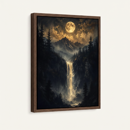 Moonlit forest waterfall framed canvas wall art – dark fantasy oil painting with deer standing beside silver waterfall under full moon in deep blue forest by Aurewall
