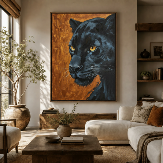  Black panther oil painting canvas wall art displayed in a warm neutral living room above a wooden sideboard