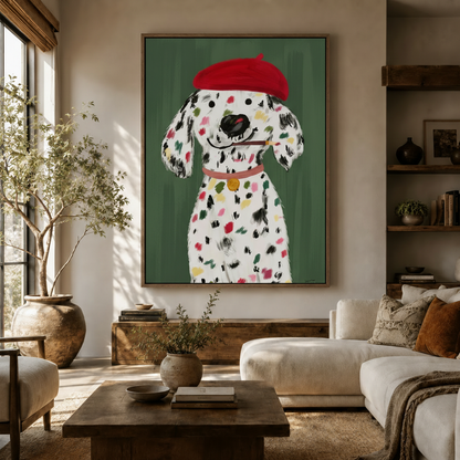 Colorful Dalmatian dog canvas print with red beret and paintbrush displayed in warm neutral living room