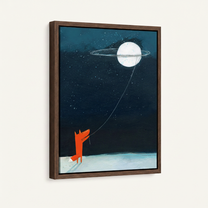 Fox moon framed canvas wall art – minimalist Nordic illustration of orange fox in snow gazing at full moon by Aurewall